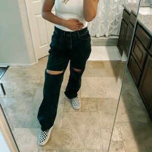 Good American High Rise 90s Thigh Cut Out Faded Black Wide Leg Denim Jeans